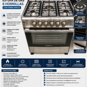 Estufa American de Gas 6 Hornillas con Quemador Triple Corona