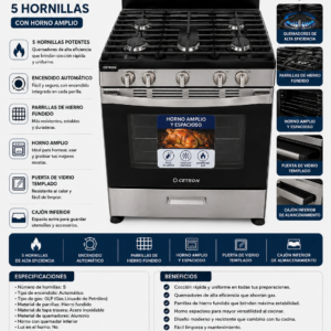 Estufa Cetron de Gas 5 Hornillas con Horno Amplio