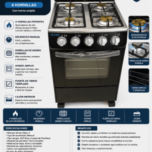 Estufa Milexus de Gas 4 Hornillas con Horno